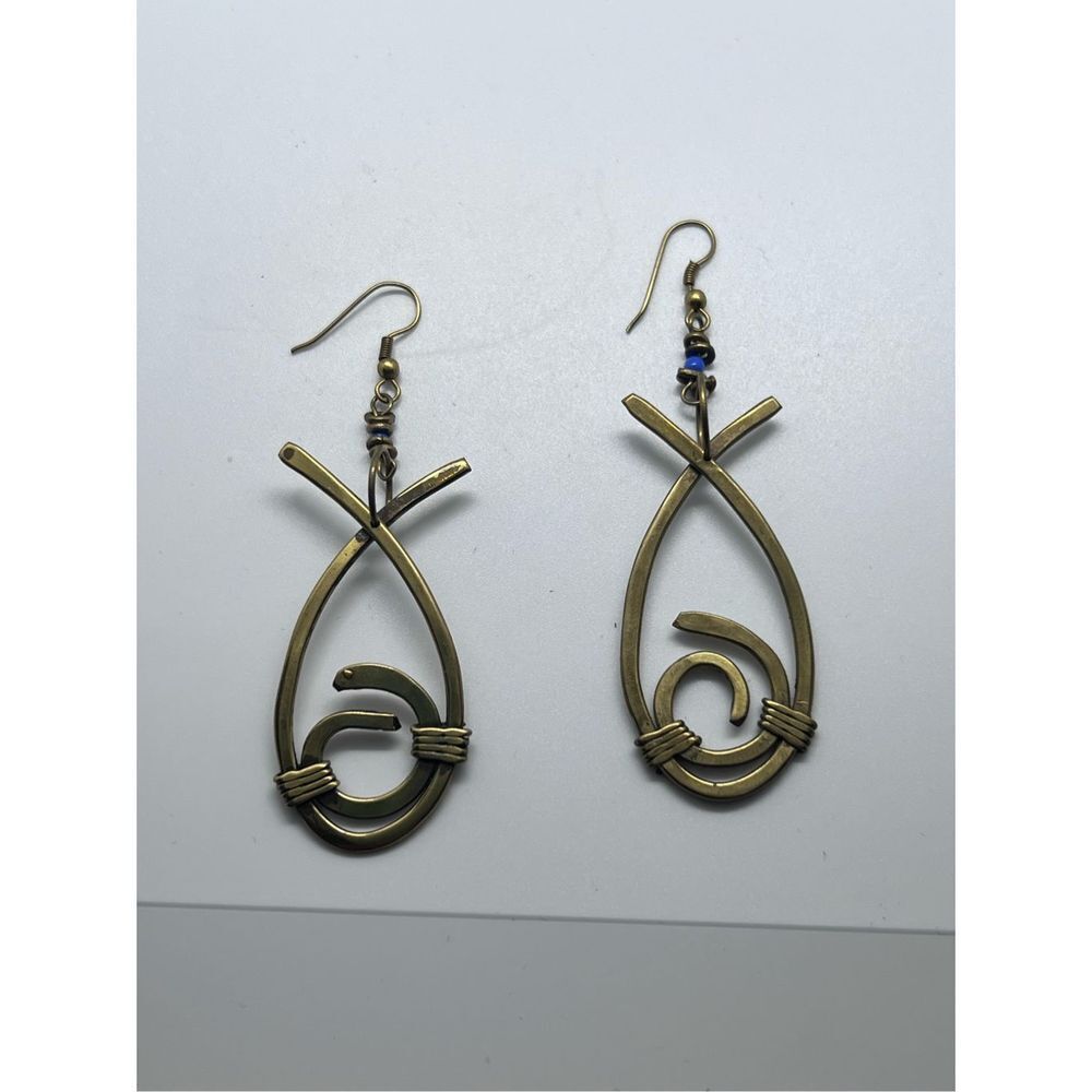 New Vintage Artisan Made Brass Open Fish Dangle French Hook Earrings